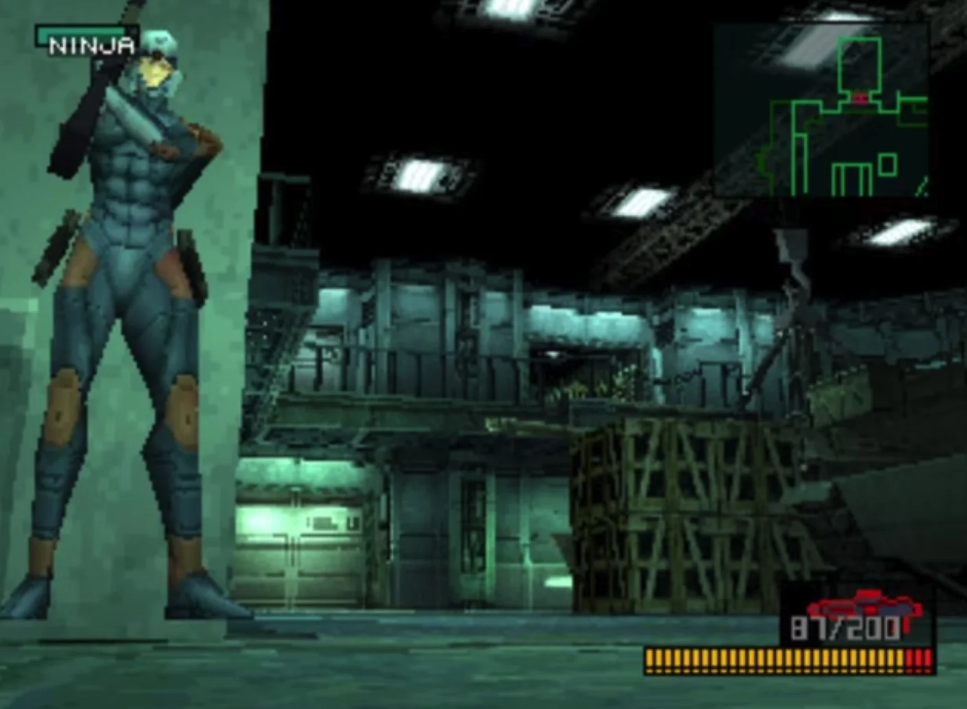 Ninja like Character in Blue Armor Leans Against a Pillar in a Dim Industrial Complex On screen Hud Shows Health 87200 and a Map in the Top right Corner