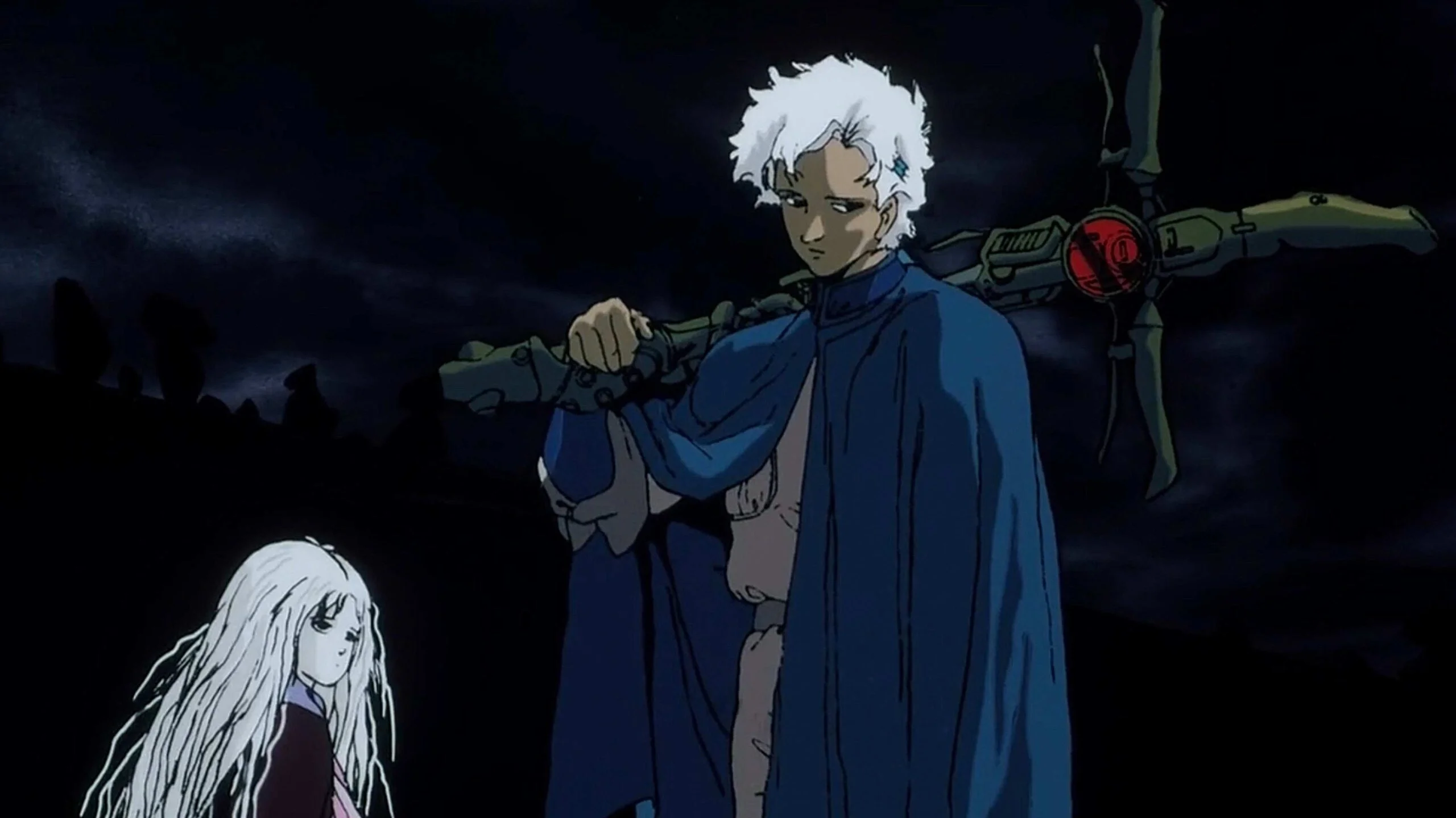 Nbk8dzluuevijjh9ren79jdsrmu 11zon Tall Man with White Hair and Blue Cloak Stands in Darkness Resting a Large Weapon on His Shoulder Beside a Pale Girl with Long White Hair