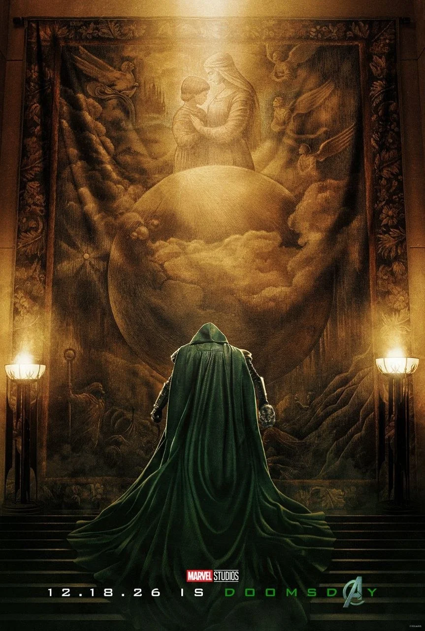 Photo 5976451463904956108 y Hooded Figure in a Green Cloak Stands Before a Large Mural with Celestial Imagery As a Marvel Studios Poster Scene Titled 'doomsday' Appears Below