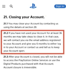 Text Excerpt from an Account closure Policy Highlighted 212 Clause Explains Closing After 36 Months of Inactivity and Contact Via Email