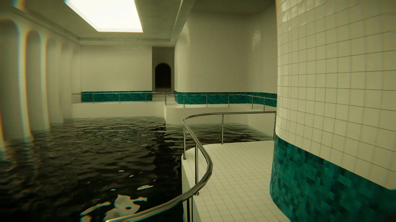 Indoor Tiled Swimming Pool Area with a Curved Metal Handrail Teal Tile Accents and Water on the Left Dim Spa like Lighting and a Doorway in the Back
