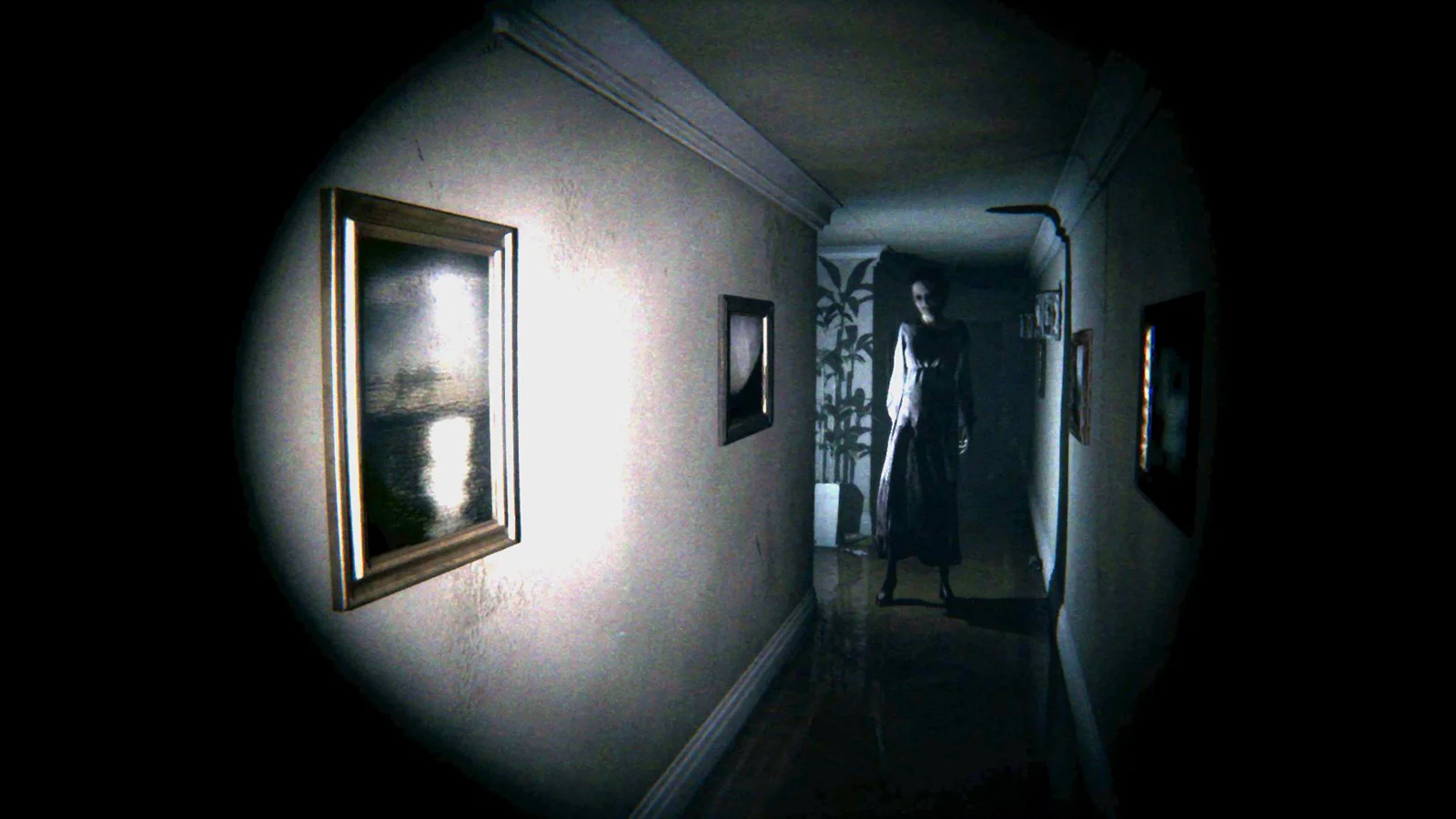 a Dark Narrow Hallway with a Shadowy Ghost like Woman Standing Near the End Dimly Lit and Eerie