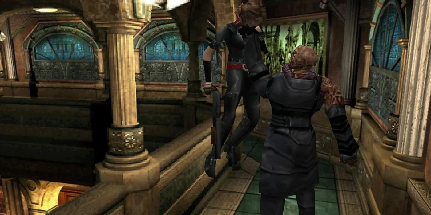Video Game Scene a Man in Black Armor Grapples with a Second Figure on a Gothic Stone Balcony with Ornate Columns and Stained glass Windows in the Background