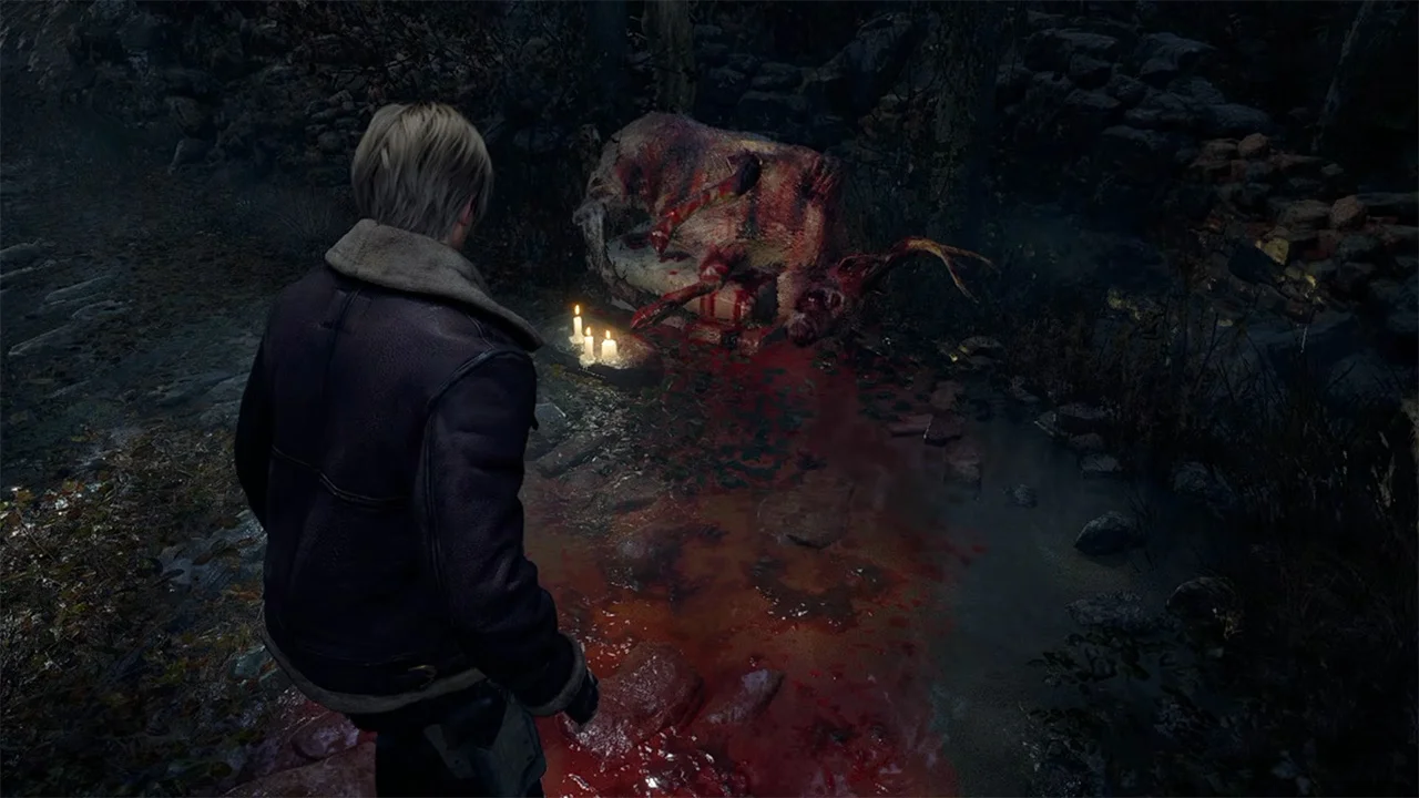 Back View of a Person in a Dark Jacket Standing over a Bloodstained Ground with a Large Carcass and Candles in a Dim Forested Setting likely from a Video Game