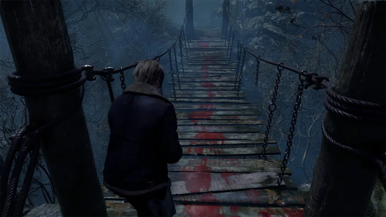 Person in a Dark Coat Walks Across a Bloodstained Wooden Suspension Bridge in a Misty Forest