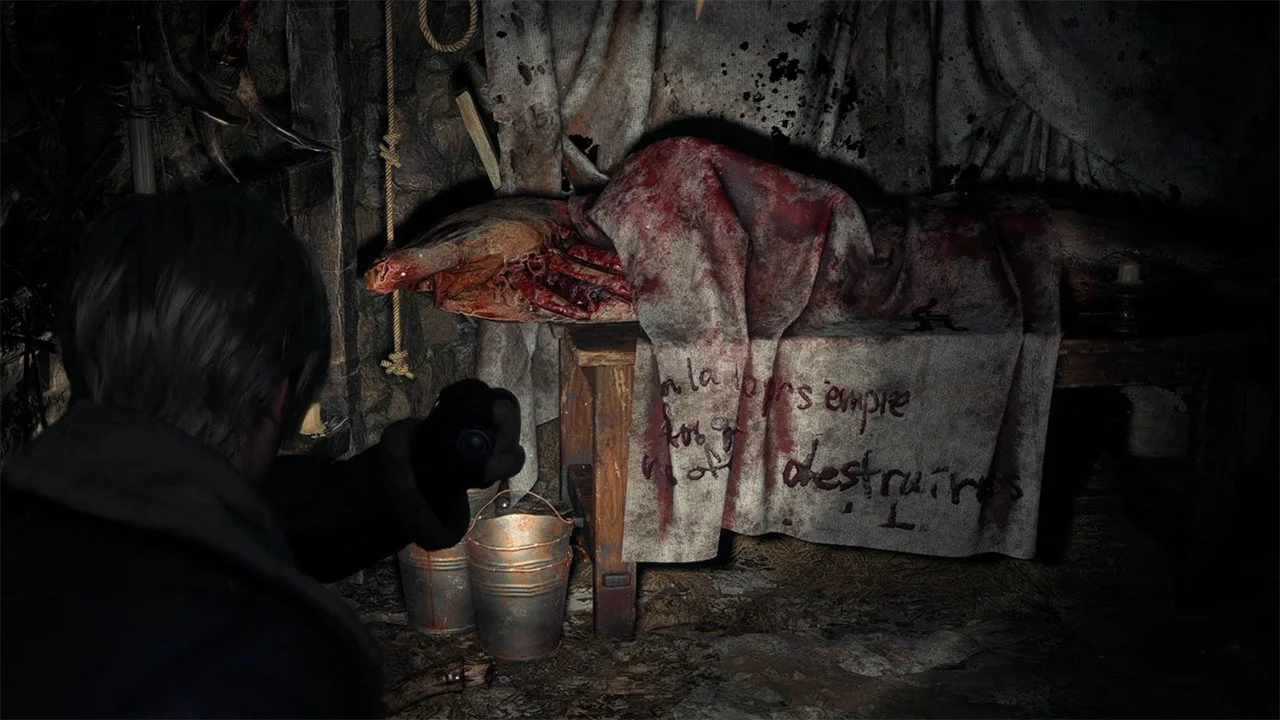 a Man with a Flashlight in a Dark Dusty Workshop Photographing a Bloodstained Cloth covered Body on a Table