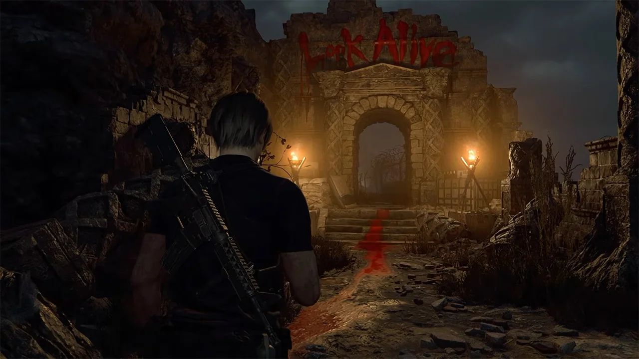Back View of a Character with a Rifle Approaching a Crumbling Stone Gate at Night Torches Flickering and a Blood red Path Ahead