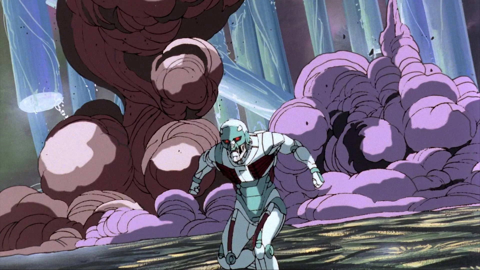Robot Carnival 11zon Cyborg like Robot in Teal Armor Runs Through a Battlefield Filled with Large Pink and Brown Swirling Smoke