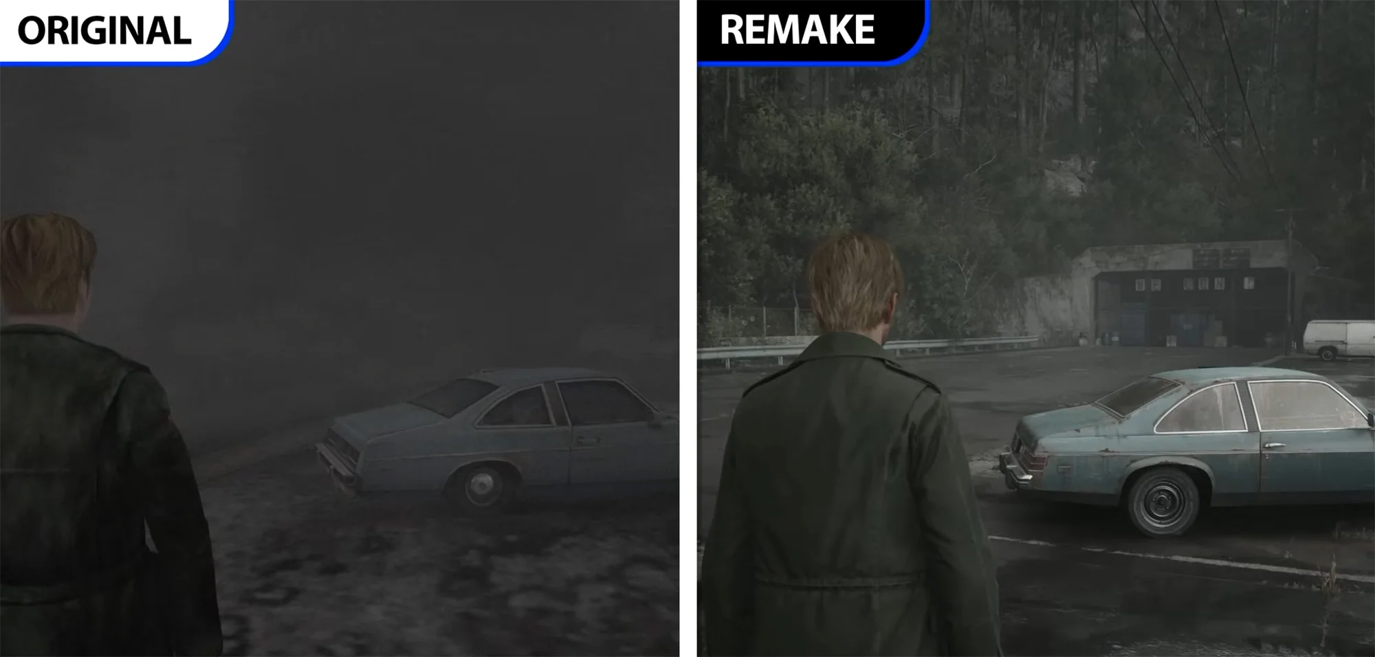 Split image Comparison Left Shows a Man in a Dark Jacket Facing a Gray Car on a Smoky Road Right Shows a Remake with the Same Man by a Blue Vintage Car in a Parking Lot Near Trees