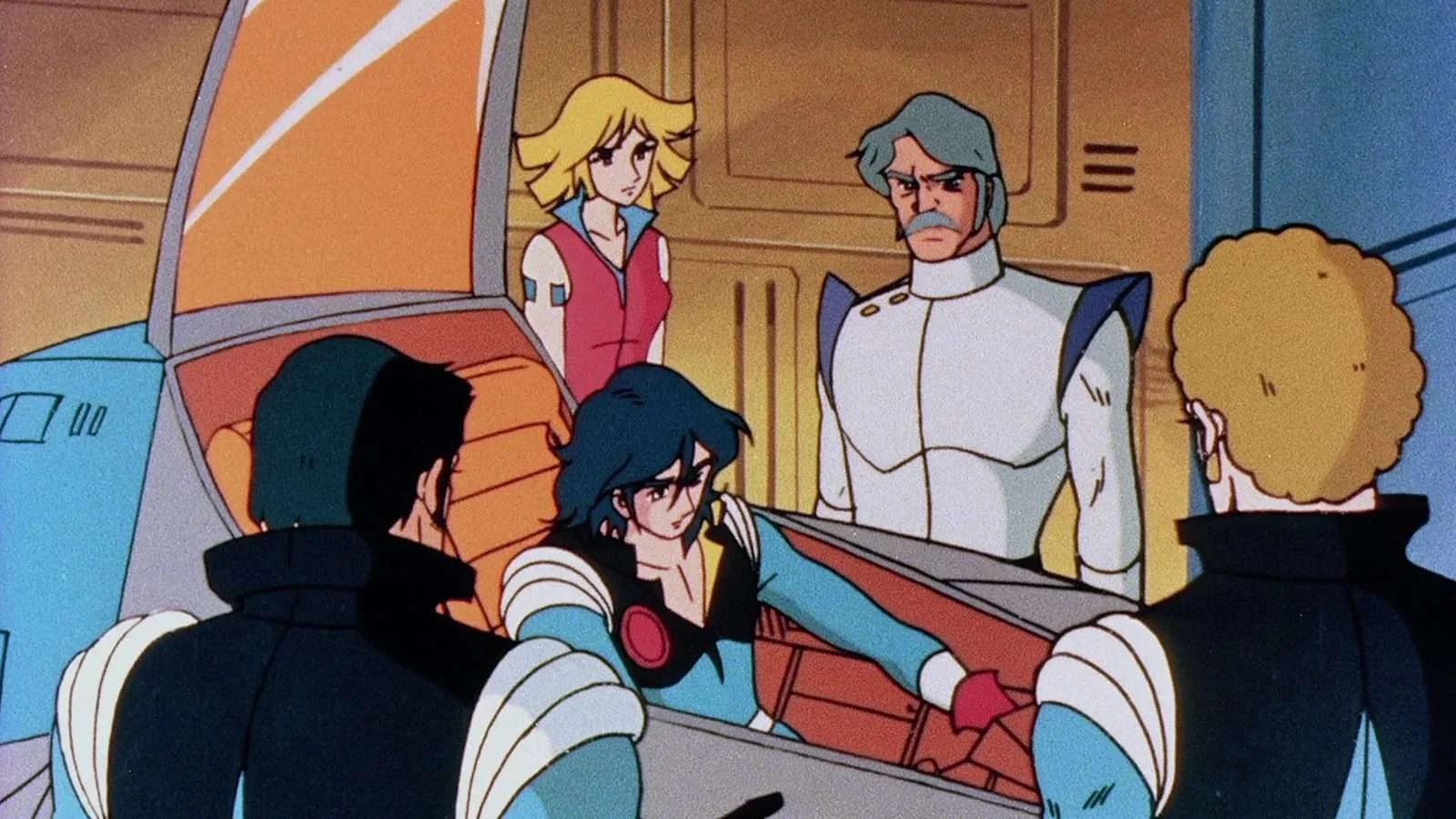 Space Warrior Baldios 11zon Group of People in Futuristic Uniforms Gather Around an Open Cockpit Hatch a Young Man Reaches Toward Someone Inside the Pod As Others Watch