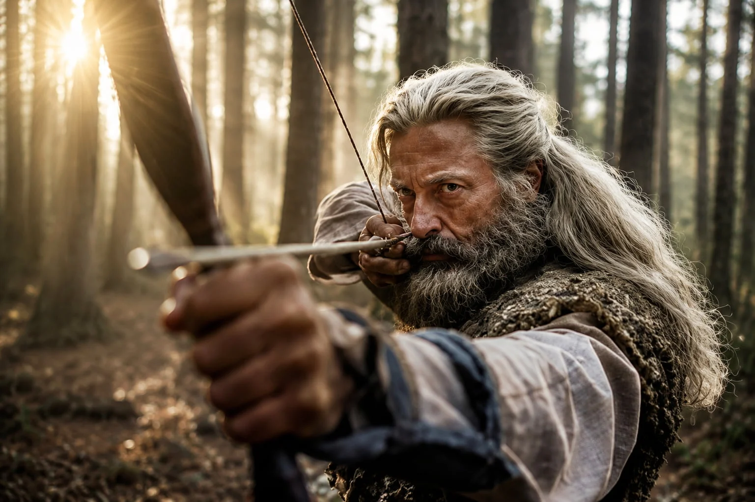 the Death of Robin Hood Older Man with Long Gray Hair and Beard Drawing a Bow in a Sunlit Forest Aiming Intently at a Target Off screen
