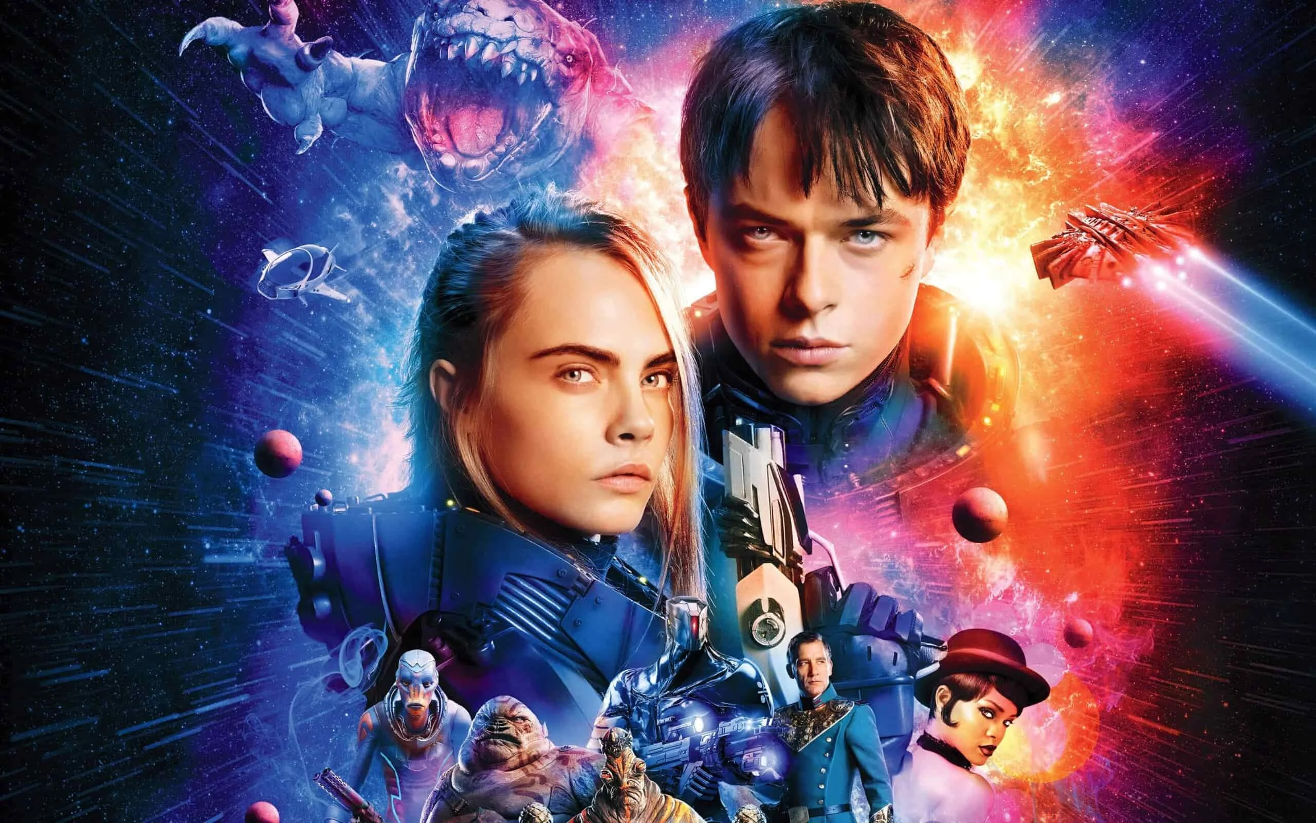 Valerian and the City of a Thousand Planets Space Battle Poster with Two Central Protagonists in Blue Armor Set Against a Vivid Cosmic Background with Ships and Alien Figures Nearby