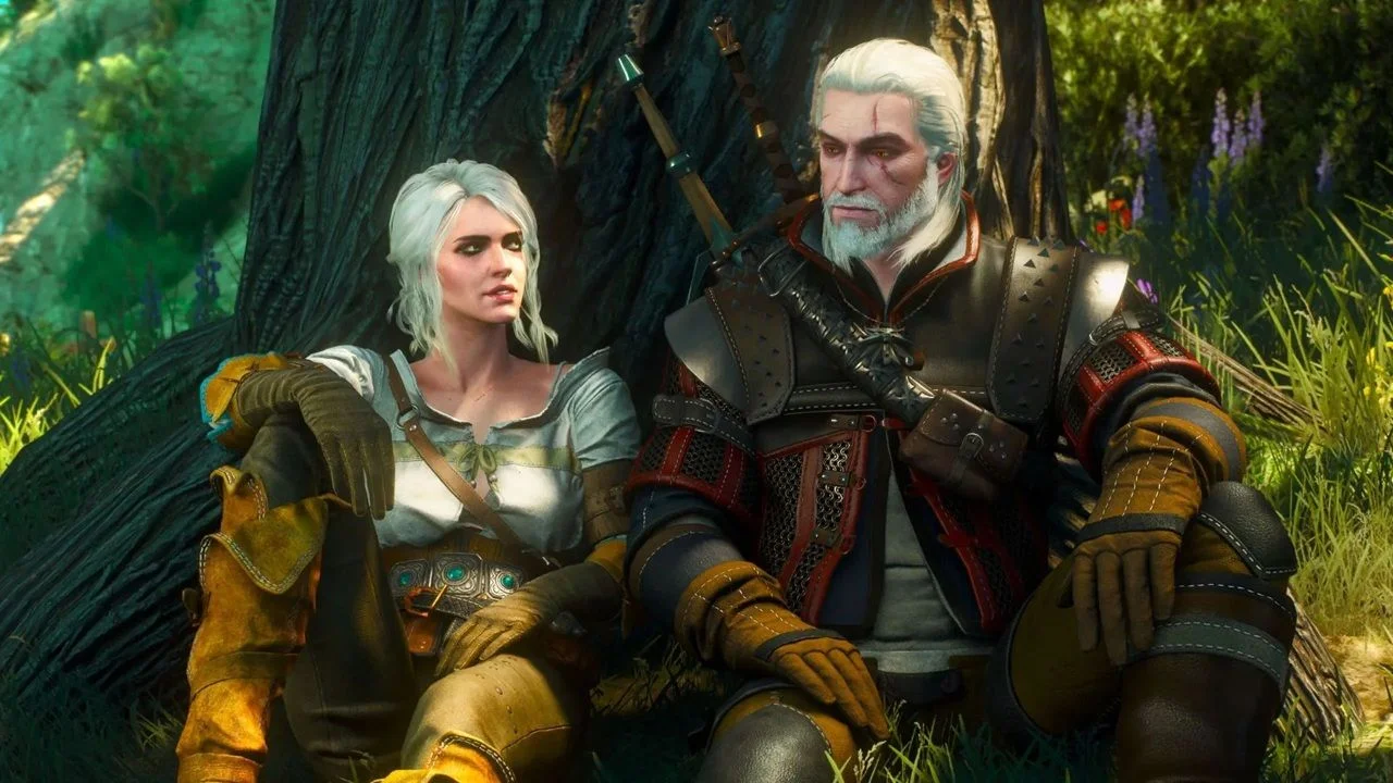 The witcher 3 next gen 2 Two Armored Travelers a Man with White Hair and Beard and a Woman with a Short Blonde Hair Sit Side by Side Against a Large Tree in a Sunny Forest Clearing Looking Contemplative