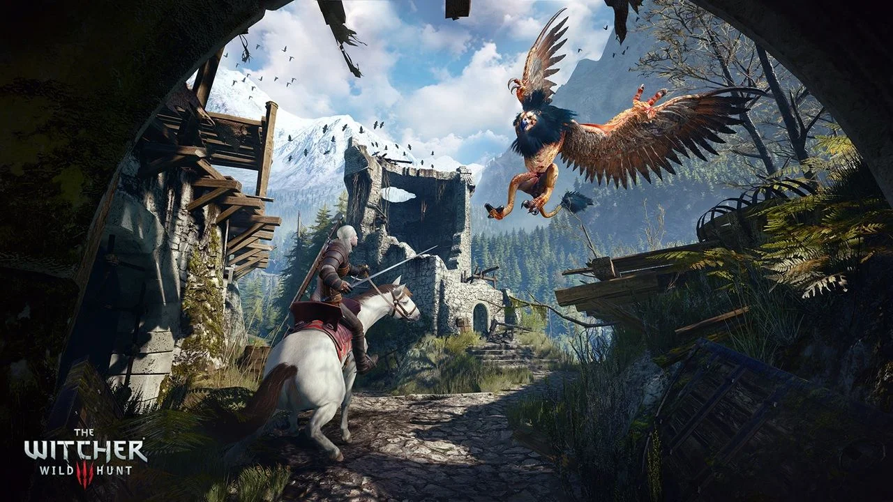 The witcher 3 Geralt on Horseback Confronts a Large Griffin Swooping over a Ruined Mountain Village in a Fantasy Forest Setting from the Witcher 3 Wild Hunt